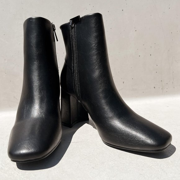 NEW Black Faux Leather Sleek Slim Square Toe Block Heel Ankle Boots Bootie Shoes - Picture 3 of 13